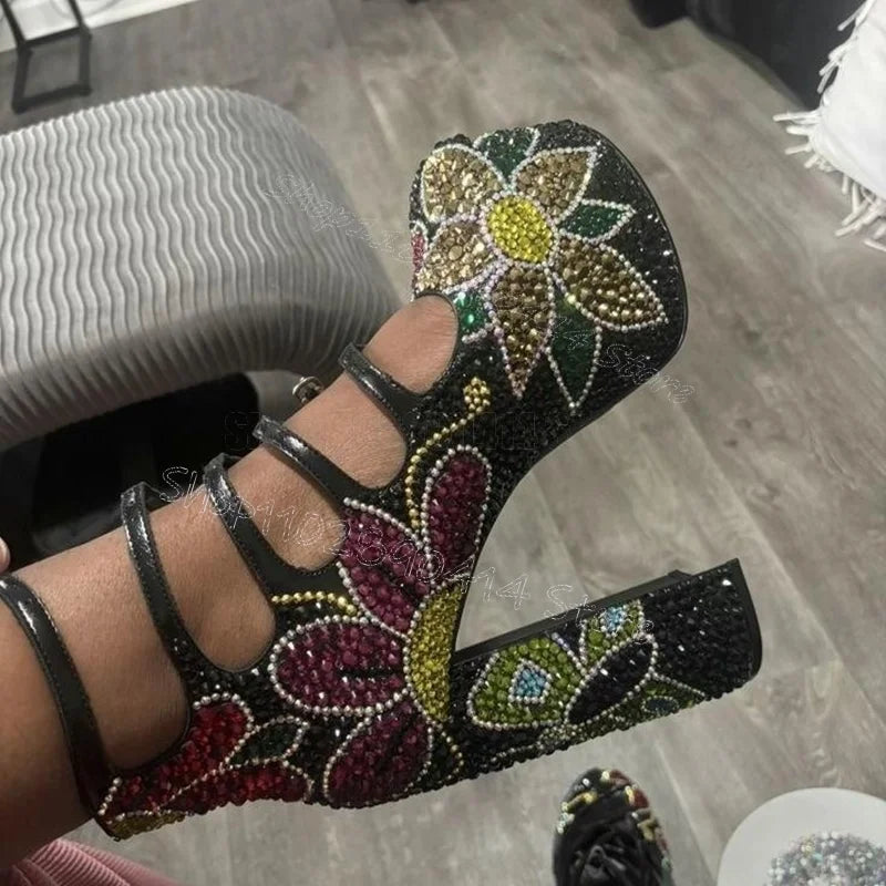 Colorful Floral Rhinestone Buckle Platform Sandals for Women