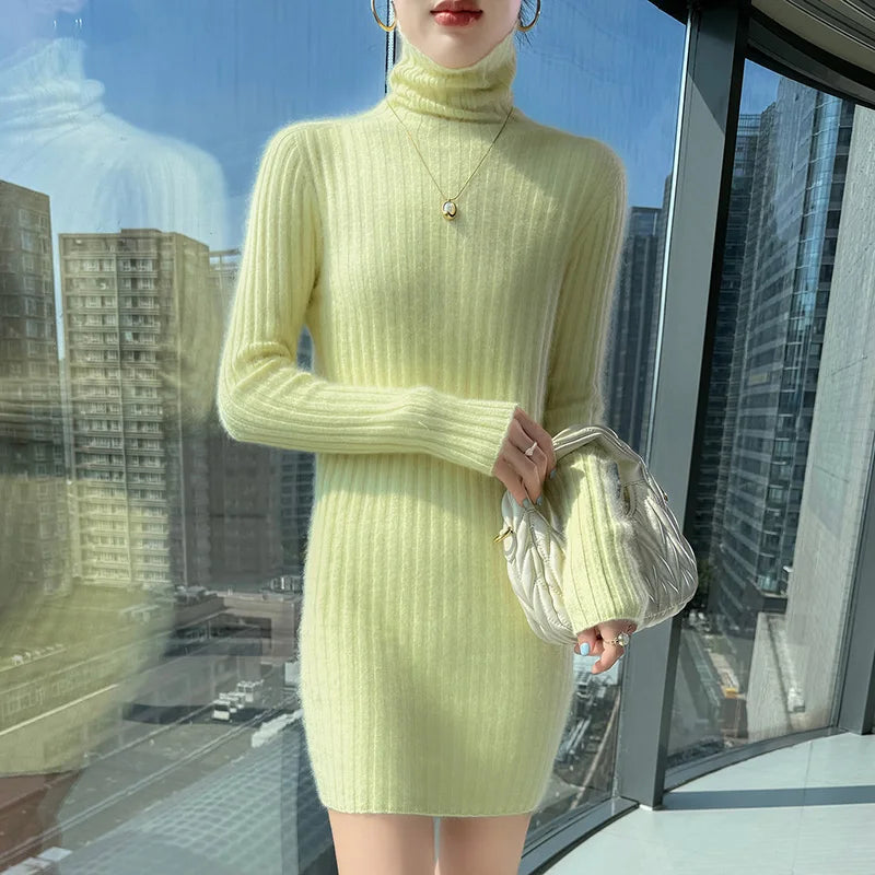 High Neck Slim Fit Stretch Knit Mini Dress for Women