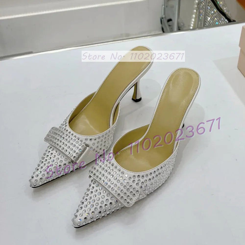 Full Rhinestones Satin Point Toe Slippers Women Sweet Solid Heels Knotted Slippers Elegant Shiny Crystal Custom Color Shoes