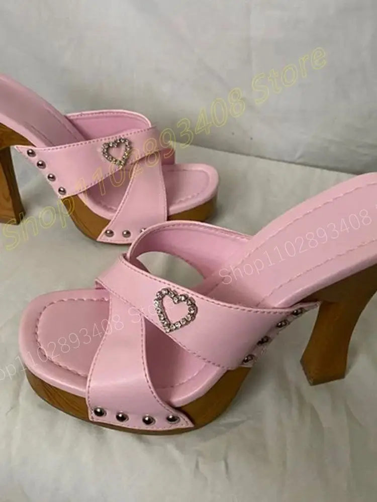 Baby Pink Crystal Heart Rivets Slippers Cross Tied Elegant Chunky High Heel Sexy Women Shoes 2024 Summer Zapatos Para Mujere