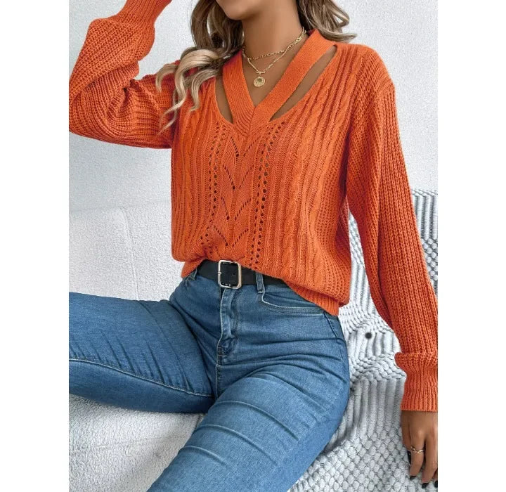 Casual Sweater Women Streetwear Hollow V-neck Elegant Lantern Sleeve Head Tops 2024 Autumn/Winter New Long Sleeved T-shirt Y2k