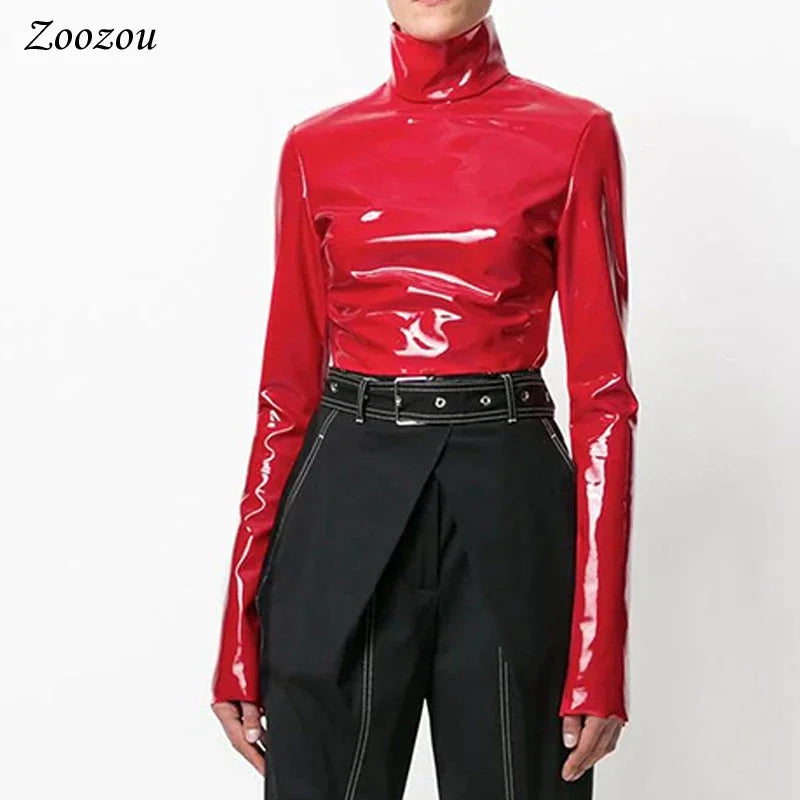 Faux Patent Leather Turtleneck Top