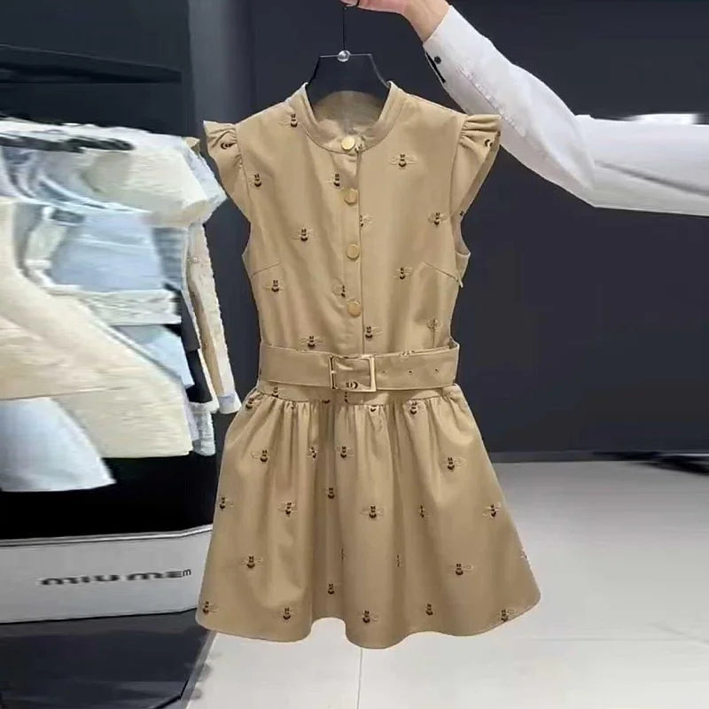 Stand Collar Slim Fit Midi Dress With Sash for Women