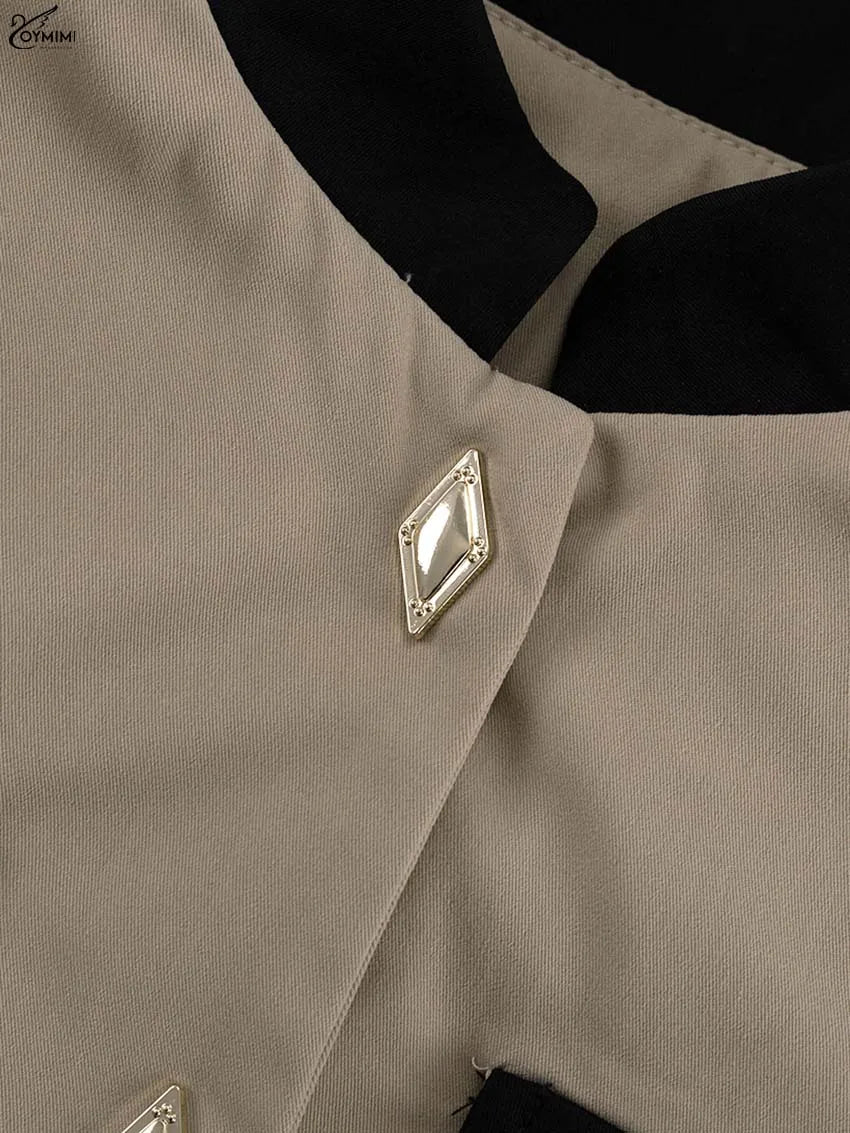 Oymimi Fashion Black Patchwork Two Piece Set For Women Casual Long Sleeve Button Pockets Crop Shirts + High Waist Mini Skirt Set