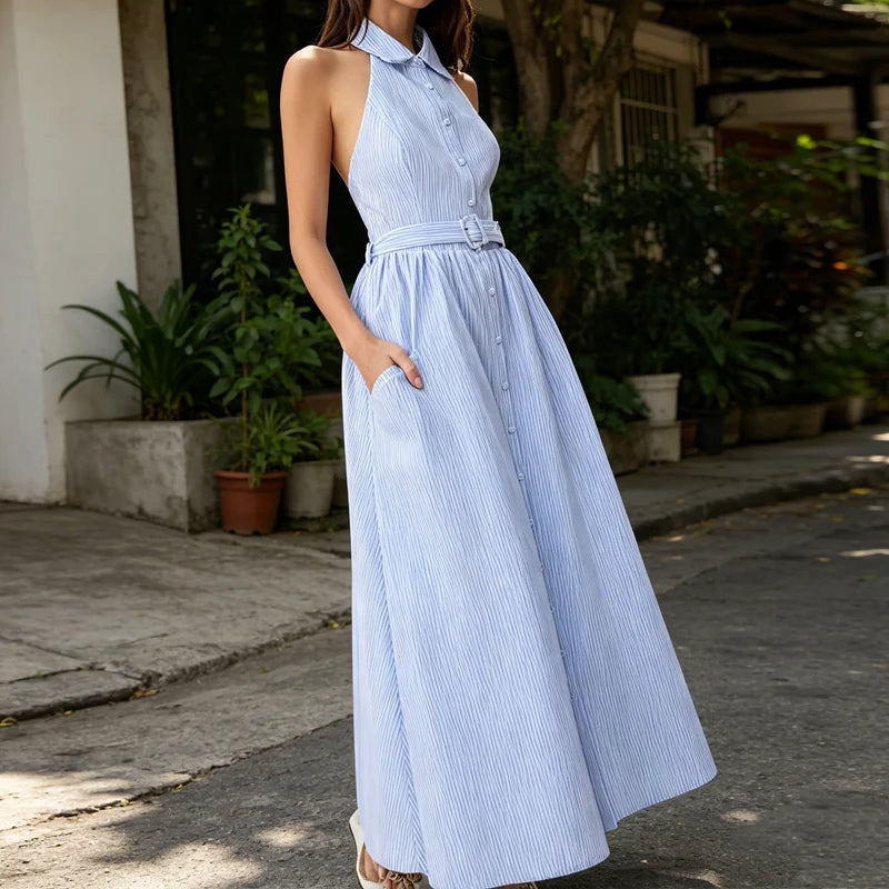 Vintage Striped Belted Ankle Length Shirt Dress for Women