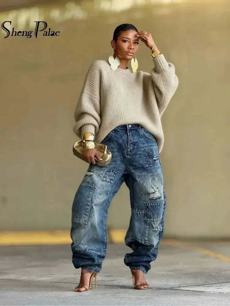 Washed Distressed Patchwork Loose Fit Jeans for Women