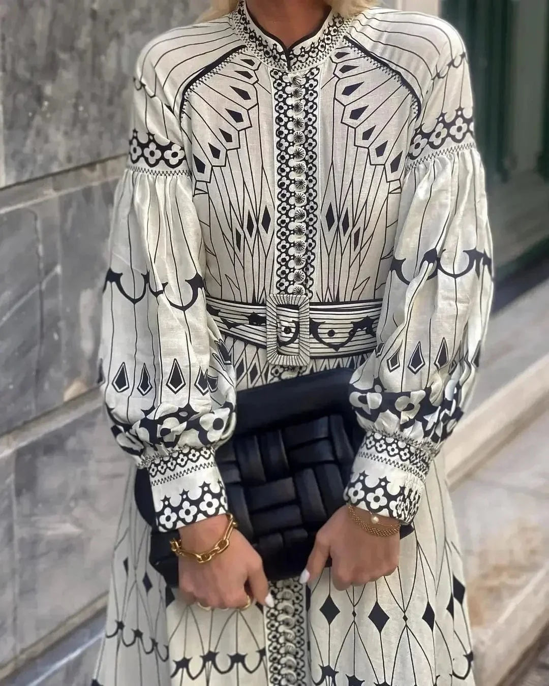 Retro Elegant Stand Collar Long Dress Women Spring Pattern Print Belted Buckle Party Dress Autumn Long Sleeve A-Line Boho Dress