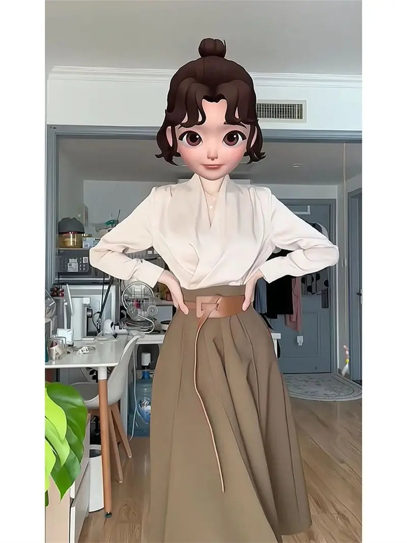 Women's skirt suit women's spring new casual temperament Joker shirt women's high waist A-shaped skirt two-piece suit