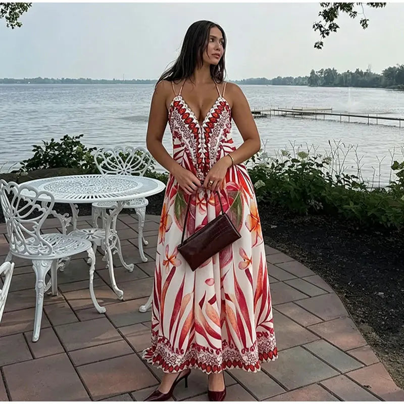 Beach Print Halter Neck Backless Long Dress for Women