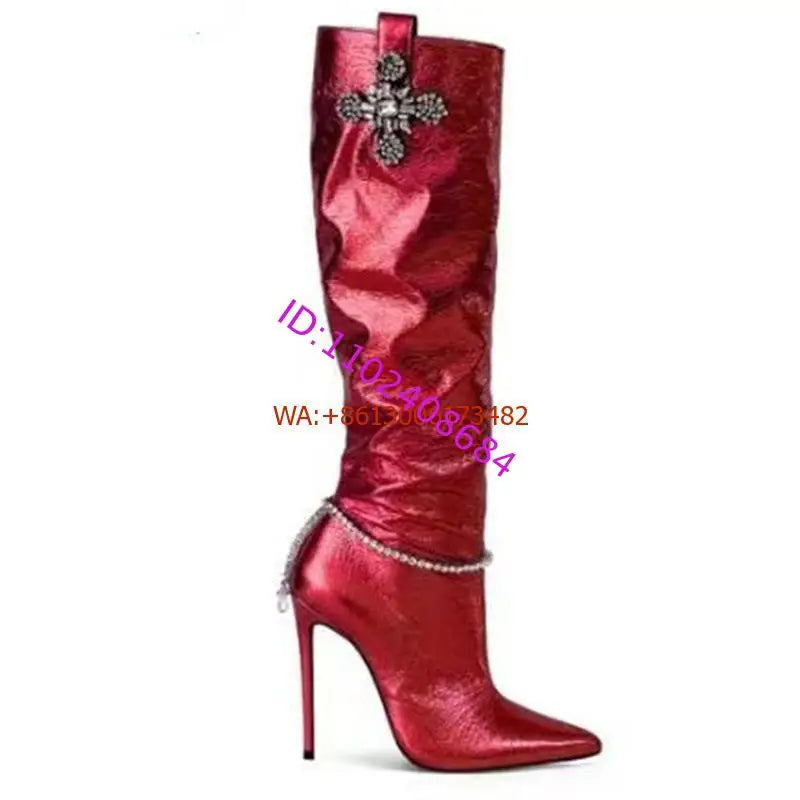 Bright Shining Women Deign Pointed Toe High Heel Knee Boots Crystal Beading High Heel Women Pointy Knee High Boots Plus Size