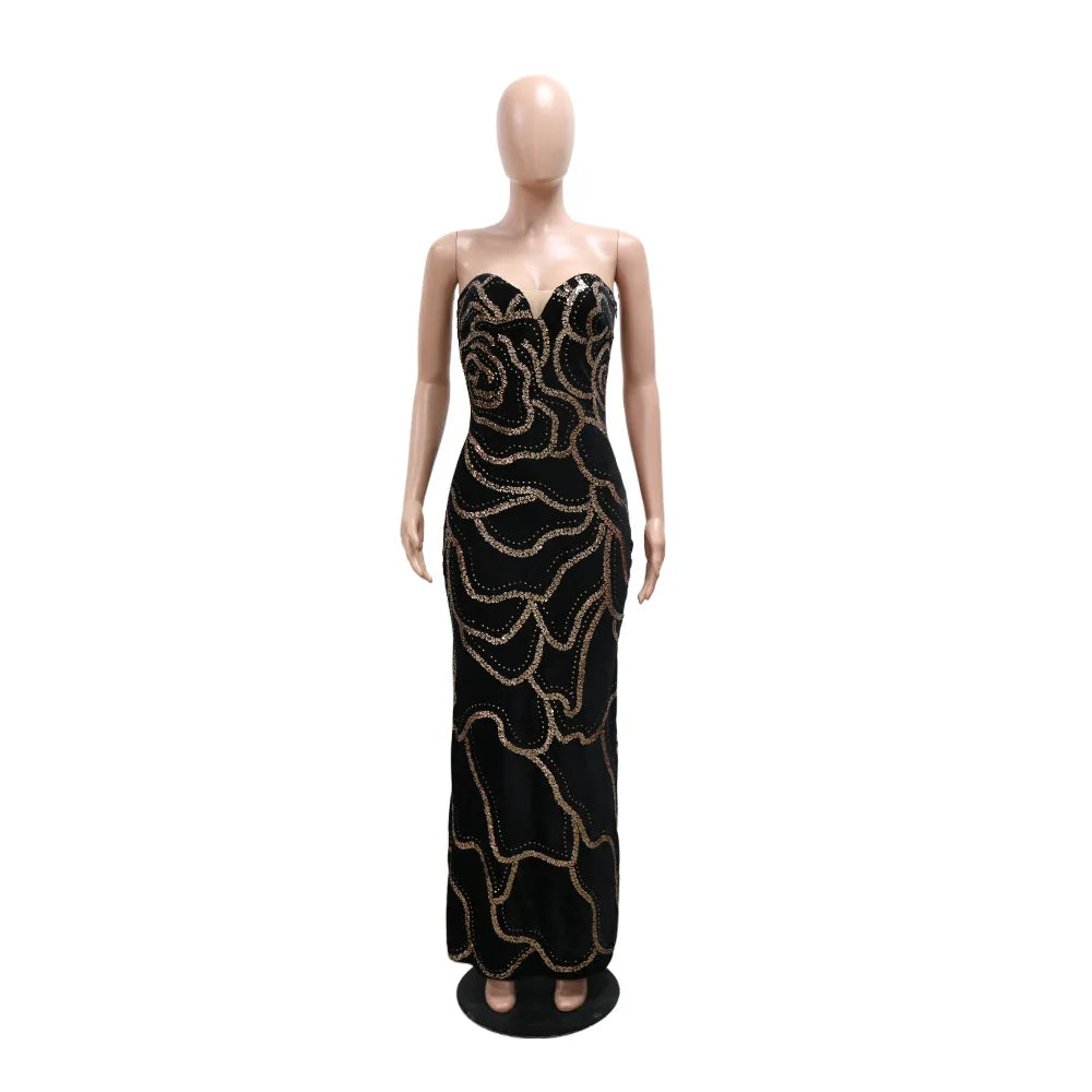 Sweetheart Strapless Deep V Velvet Rhinestone Rose Pattern Maxi Dress for Women