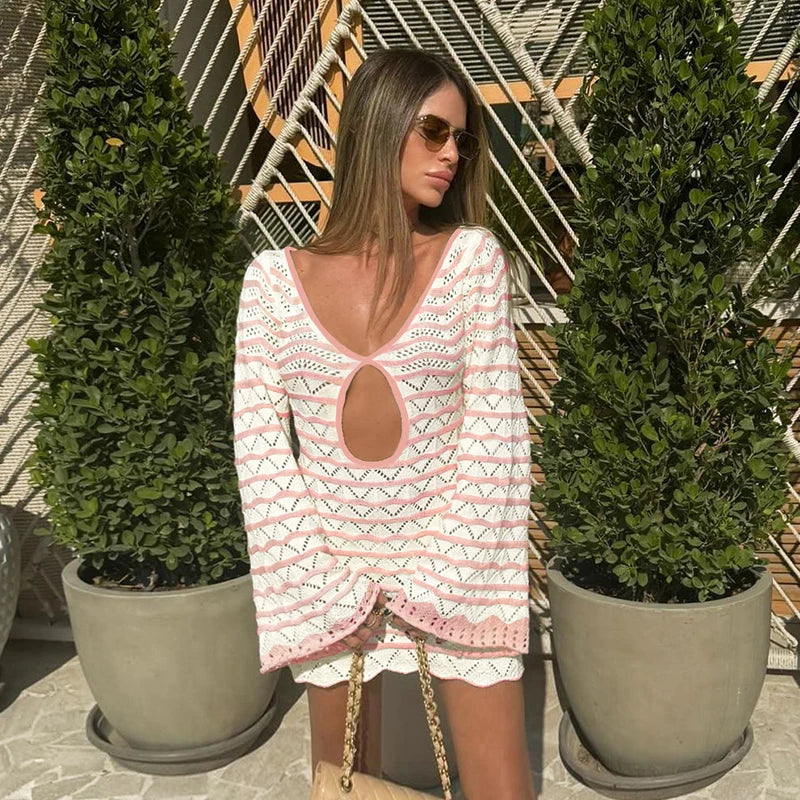 Sexy Boho Striped Chic V-neck Cut Out Bell Sleeve Knit Beach Mini Dress 2025 Summer Women Seaside Holiday Swimsuit Cover Up K123