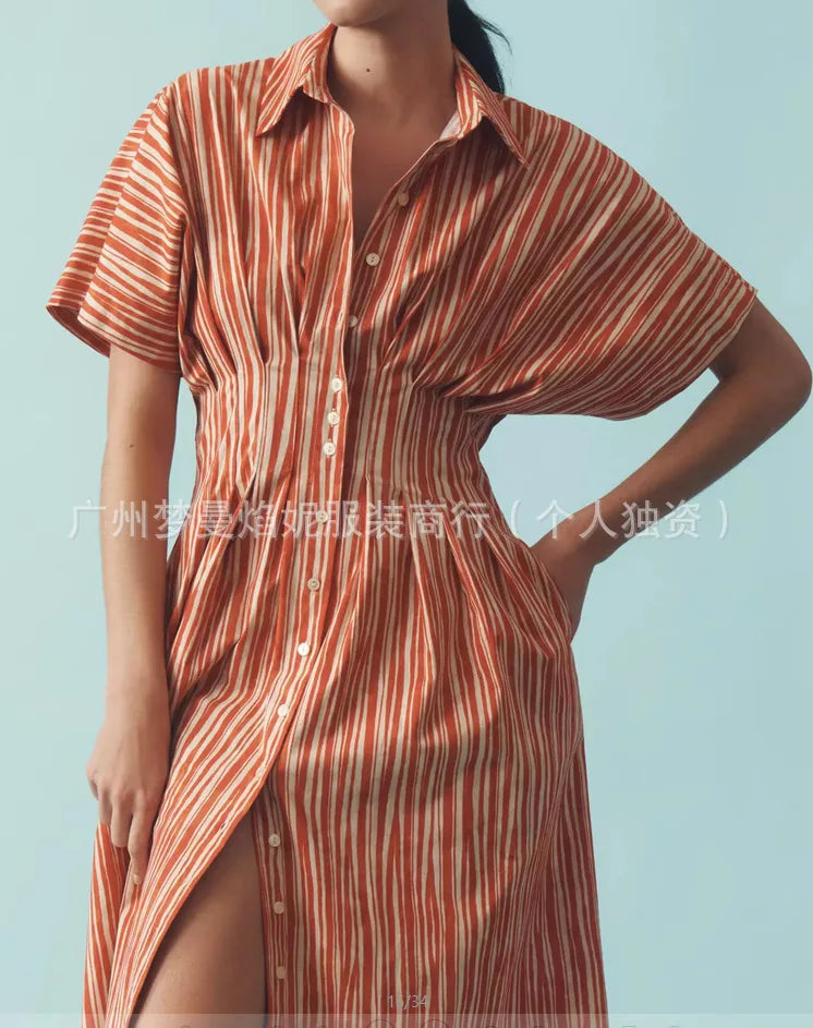 Elegant Striped Print Waist-Hugging A-Line Midi Dress for Women