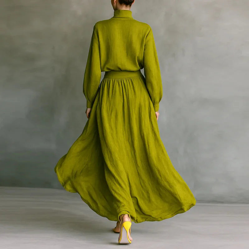 Retro Solid Cotton Linen Woman Clothing Elegant Crew Neck Batwing Sleeve Top Pullovers And Pleated Skirts Suit Autumn Outfit Set