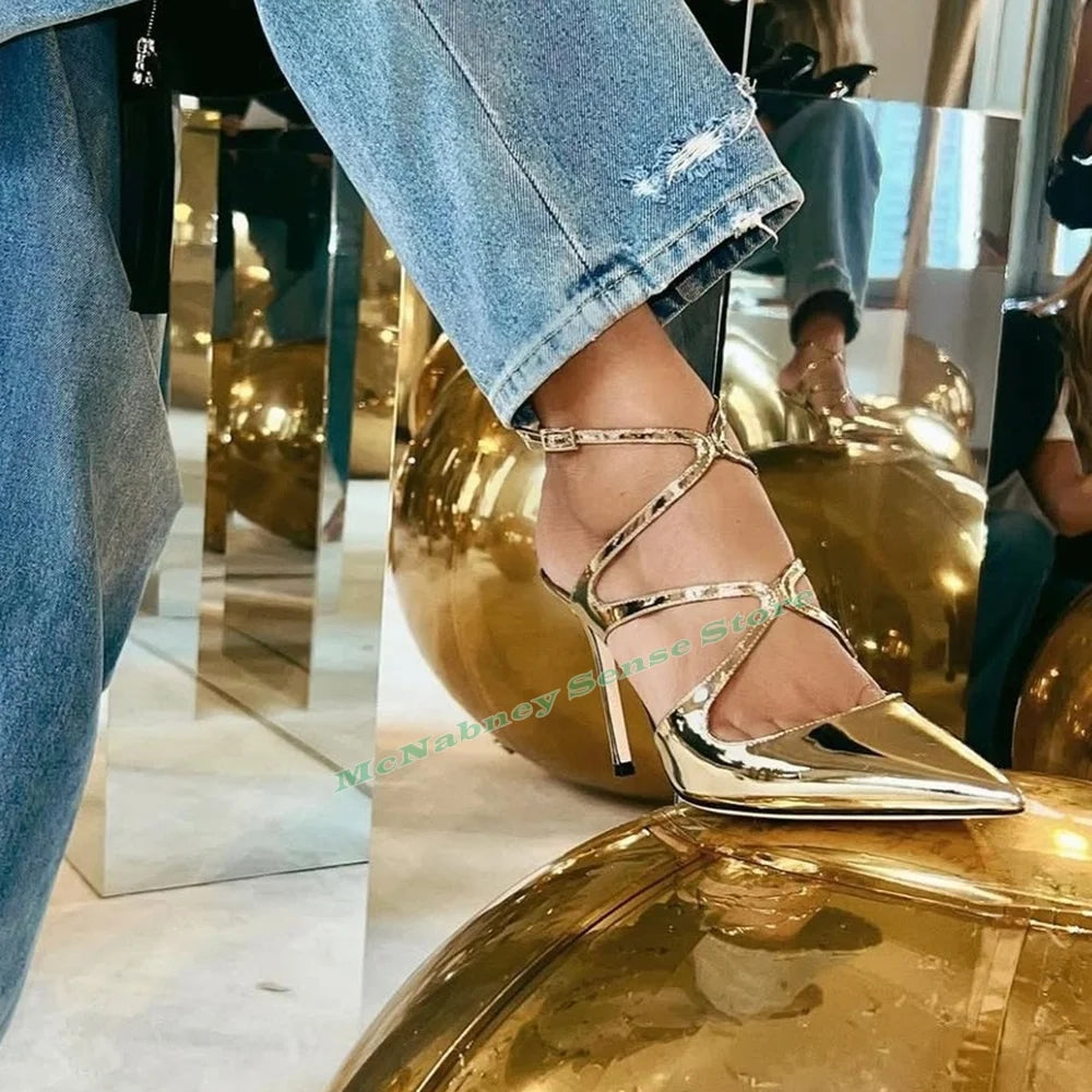 Elegant Gold Pointy Toe Buckle Strap Thin Heel Sandals for Women