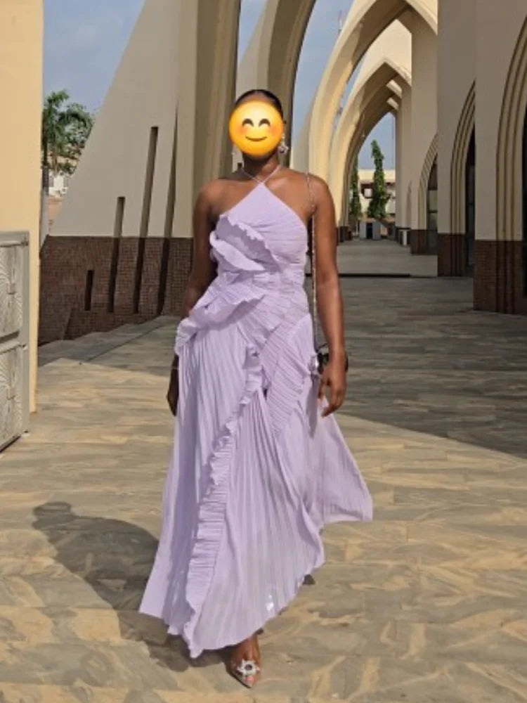 Chic Pleated Halter Neck Long Vacation Dress High Quality Purple Strapless Lotus Edge Maxi Dress 2025 New Lady Vacation Gown