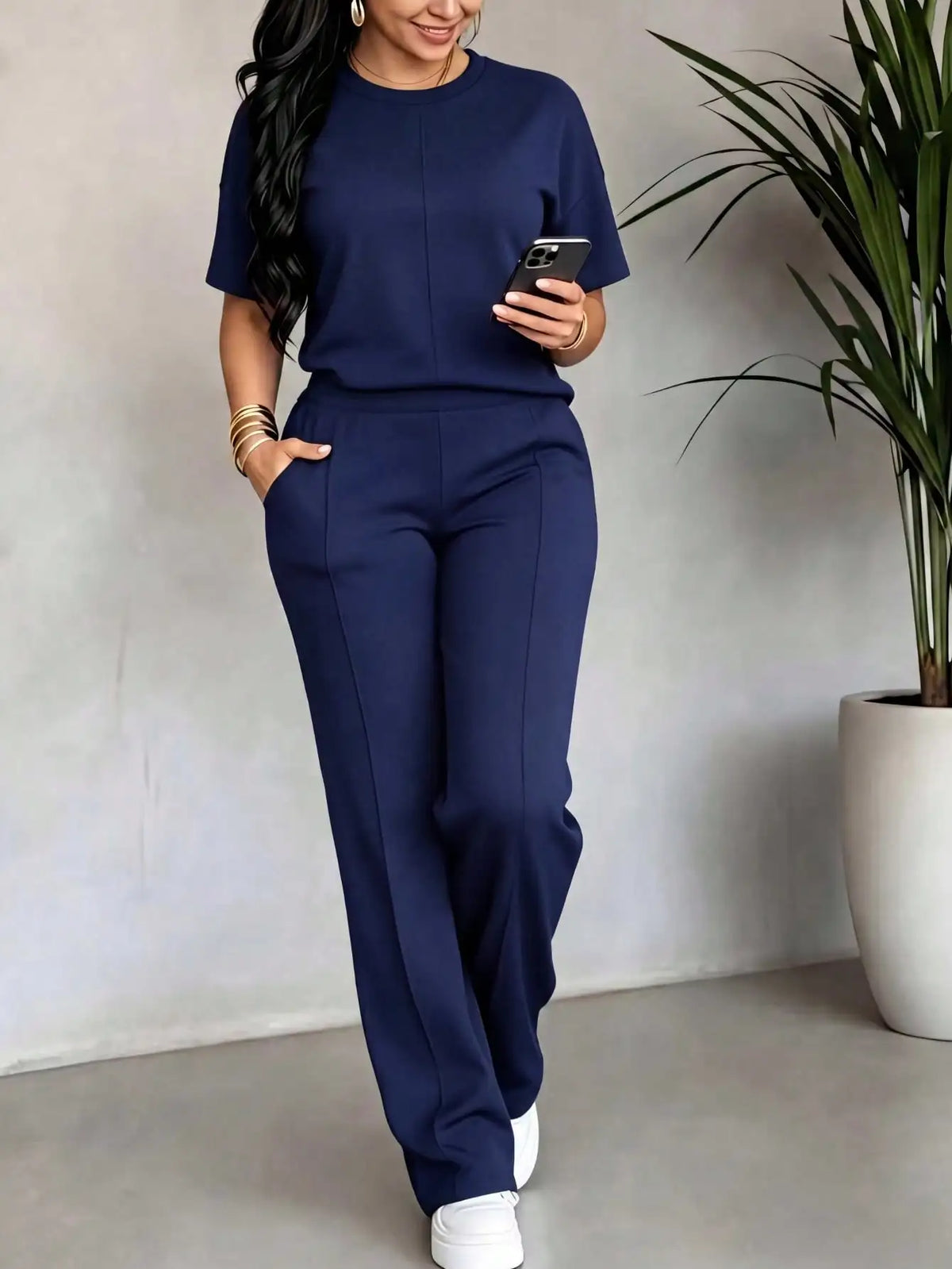 New Spring and Summer Ladies' Set: Comfortable Solid-Color Short-Sleeve Top with Elastic Waist Pocketed Long Pants Two-Piece Set, Soft Stretch Polyester-Acrylic Fabric