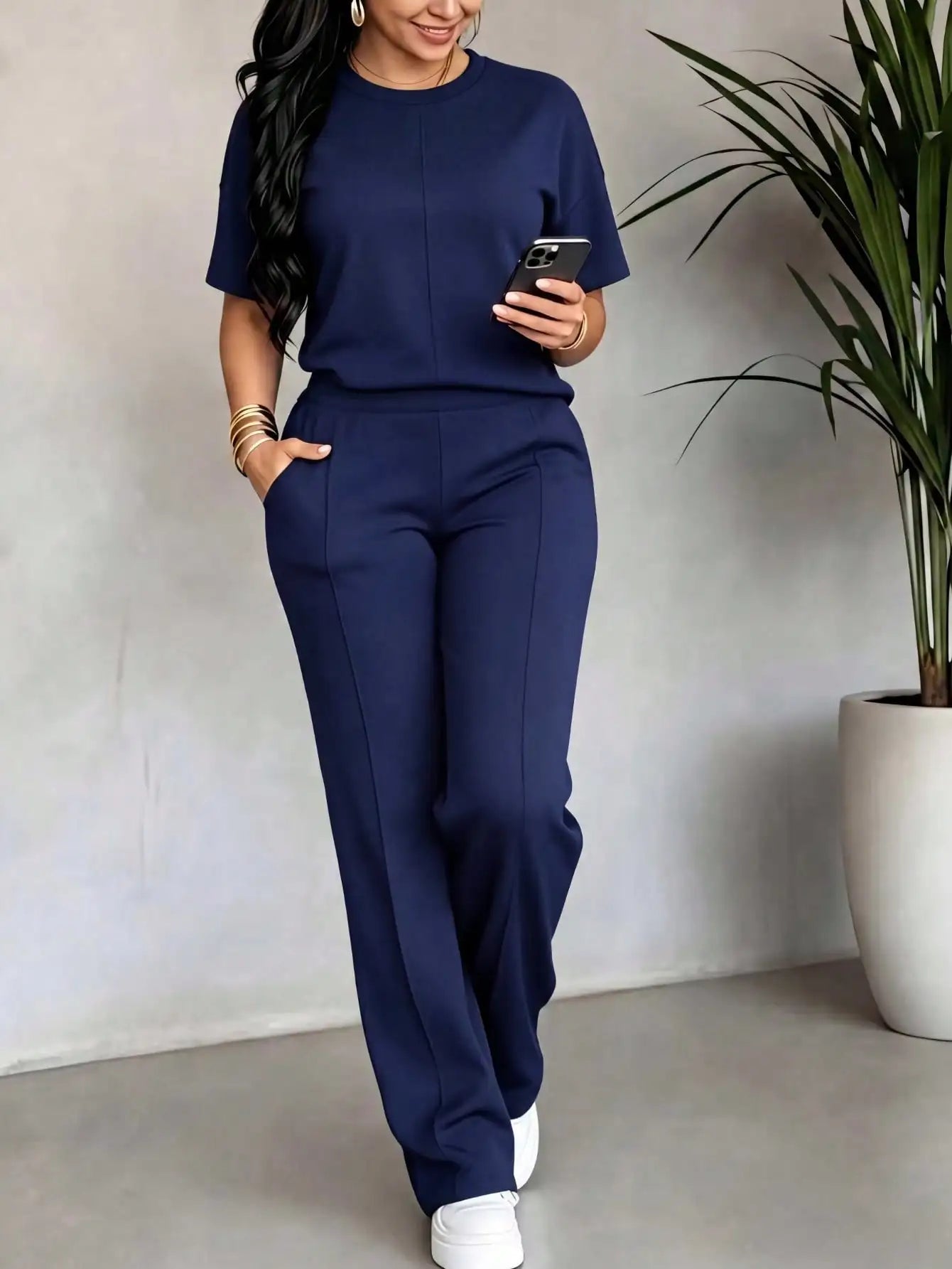 New Spring and Summer Ladies' Set: Comfortable Solid-Color Short-Sleeve Top with Elastic Waist Pocketed Long Pants Two-Piece Set, Soft Stretch Polyester-Acrylic Fabric