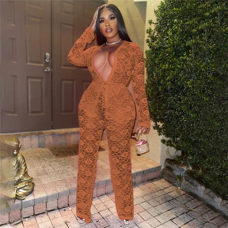 Sexy Lace Sheer Open Stitch Two Piece Set for Women