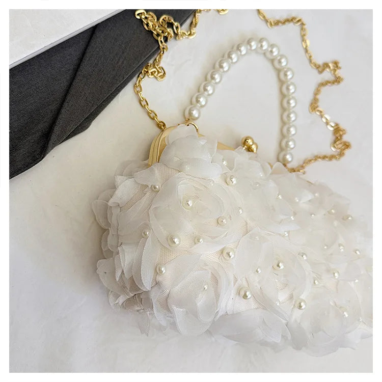 Pearl Floral Chain Evening Crossbody Bag