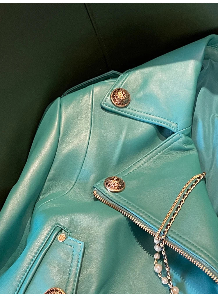Bright Green Faux Leather Biker Jacket With Adjustable Waist For Women