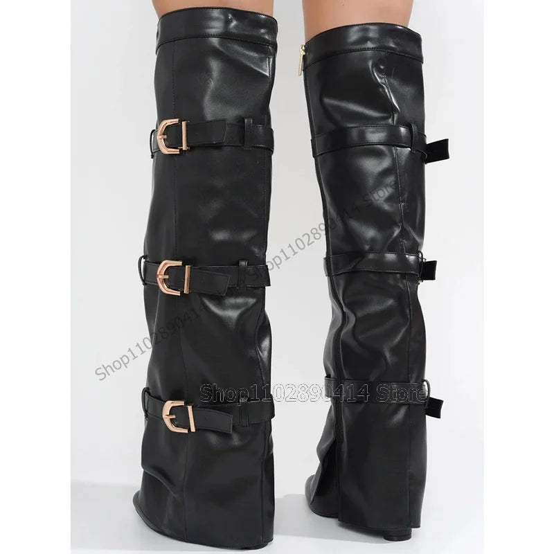 Black Pointed Toe Knee High Boots With Side Zipper For Women