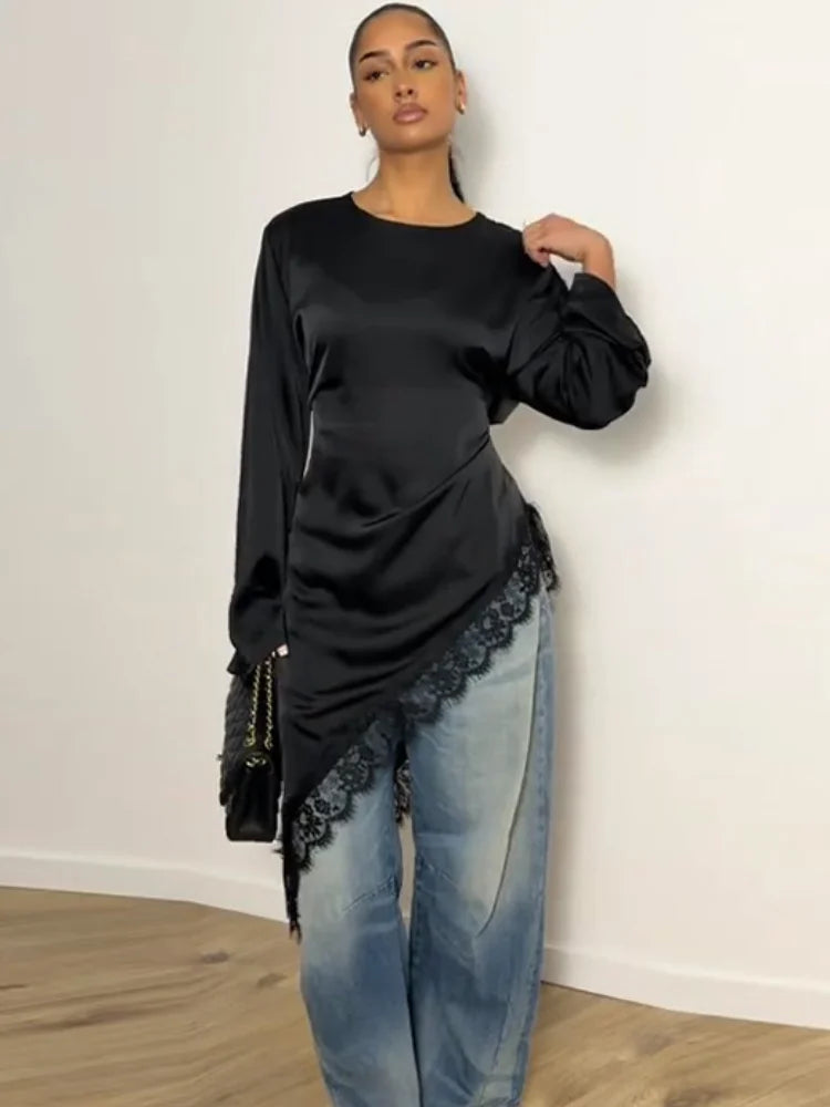 Asymmetric Lace Patchwork Loose Long Sleeve Shirt for Women