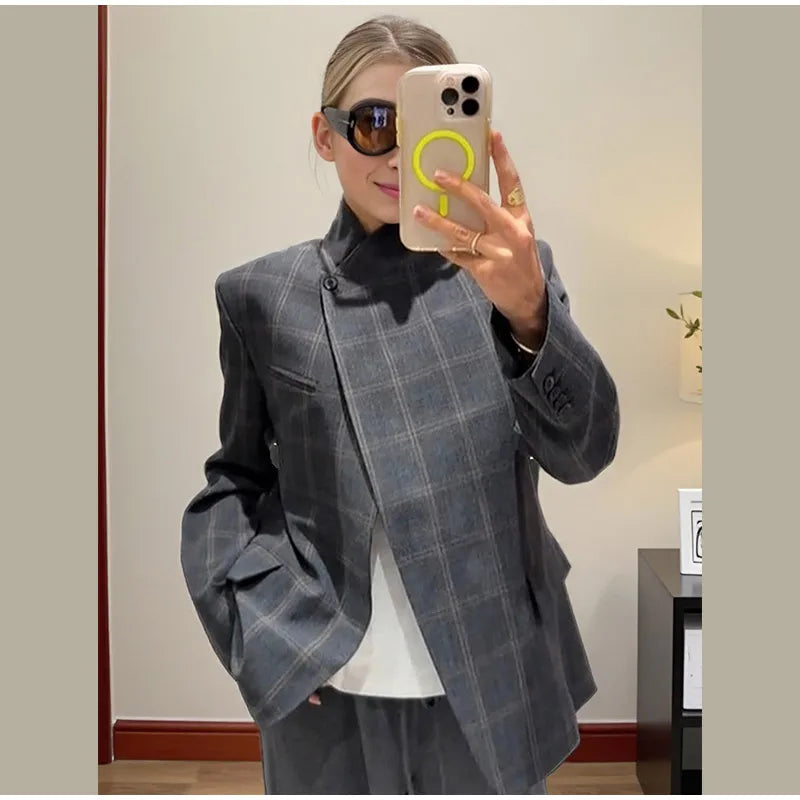 Vintage Plaid Lapel Blazer and Shorts Set for Women
