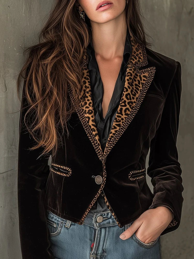 Elegant Leopard Print Velvet Blazer Jacket for Women