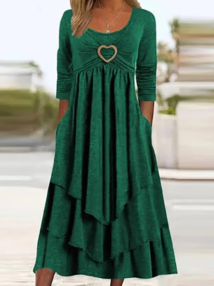 Long Sleeve Patchwork Midi Dress With Pockets for Women