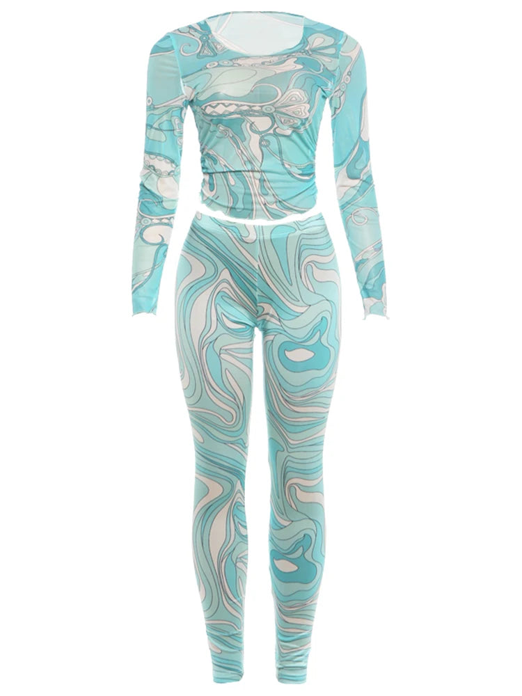 See-Through Two-Piece Long-Sleeve Crop Top and Skinny Pant Set for Women
