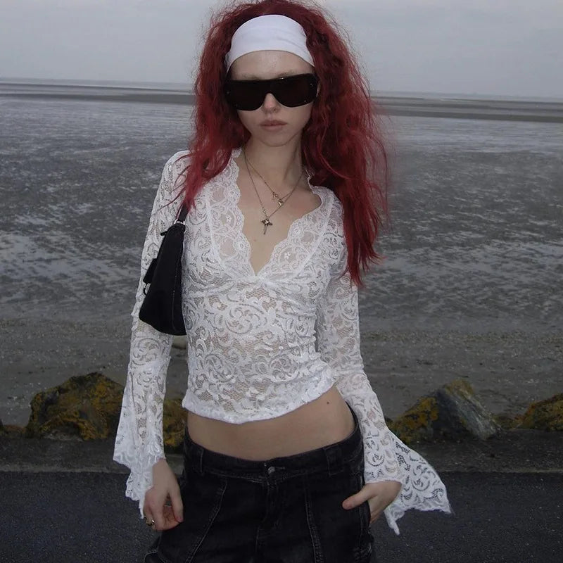 Aesthetic Lace Top Women Sexy Clothing See Through Deep V Neck Flared Long Sleeve T Shirts Party Clothes Clubwear