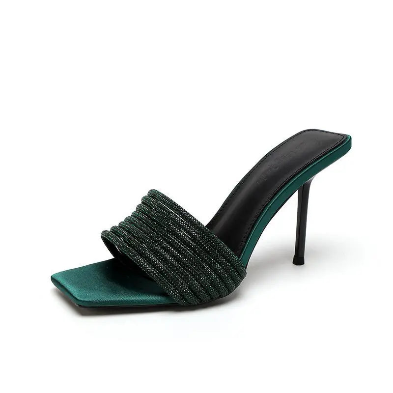 Dark Green Satin Rhinestone Square Toe Slide Sandals for Women