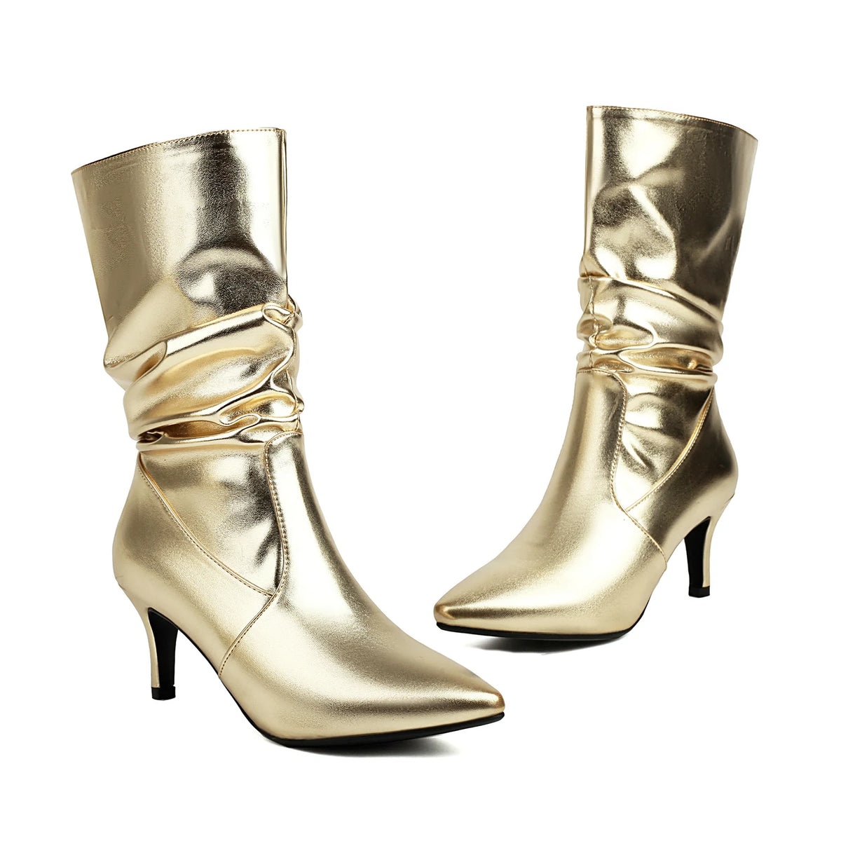 Metallic Pleated Pointed Toe Mid-Calf Stiletto Boots for Women