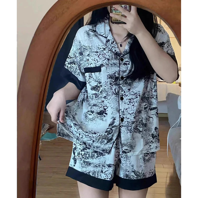 Chinese Elegant Ink and Wash Painting Women's Pajamas Ancient Style Classical Flavor Sleepwear 2024 New Summer Fashion Nightgown