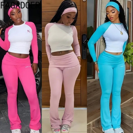 FAGADOER Casual 2 Pieces Set for Woman Long Sleeve Round Neck T-Shirt and High Waist Pants Matching Tracksuits Female Sportswear