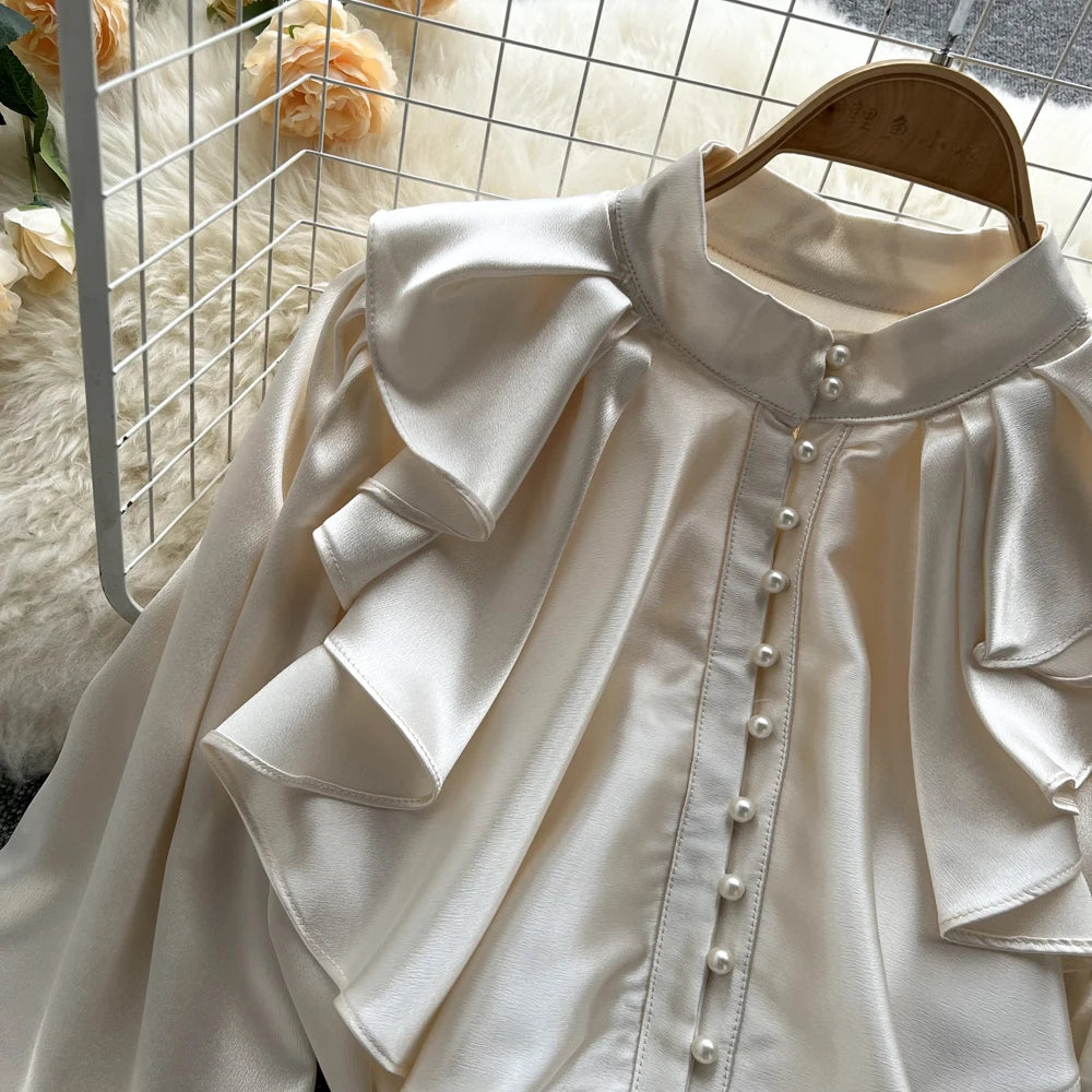 Elegant Satin Ruffle Long Sleeve Blouse for Women
