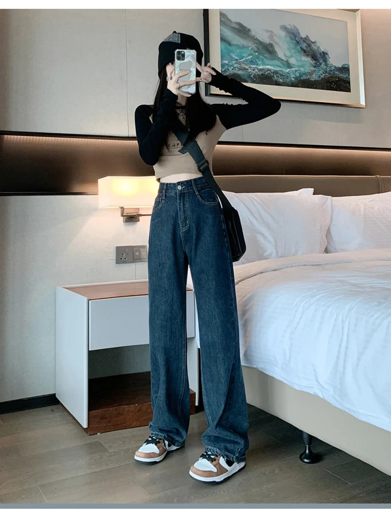 High Waist Casual Wide Leg Straight Jeans for Women