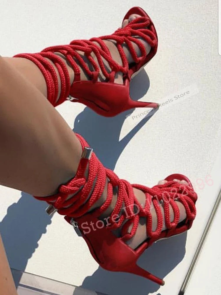 Cross Straps Hollow Cuts Open Toe Lace Up Sandals for Women
