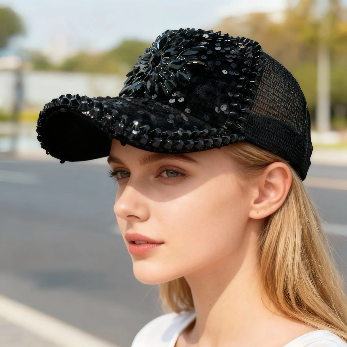 Black Luxury Steampunk Rhinestone Baseball Cap for Women