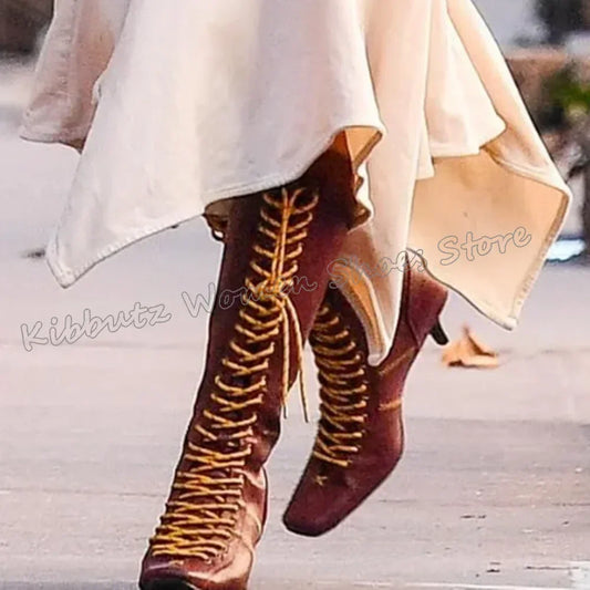 Vintage Knee High Boots Fashion Novelty Elegant Concise Sexy Hot Girl Shoes Mixed Color New Lace-Up Square Toe Thin Heel Leather