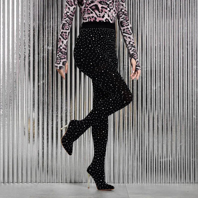 Black Lace Crystal Pointed Toe Over The Knee Boots For Women