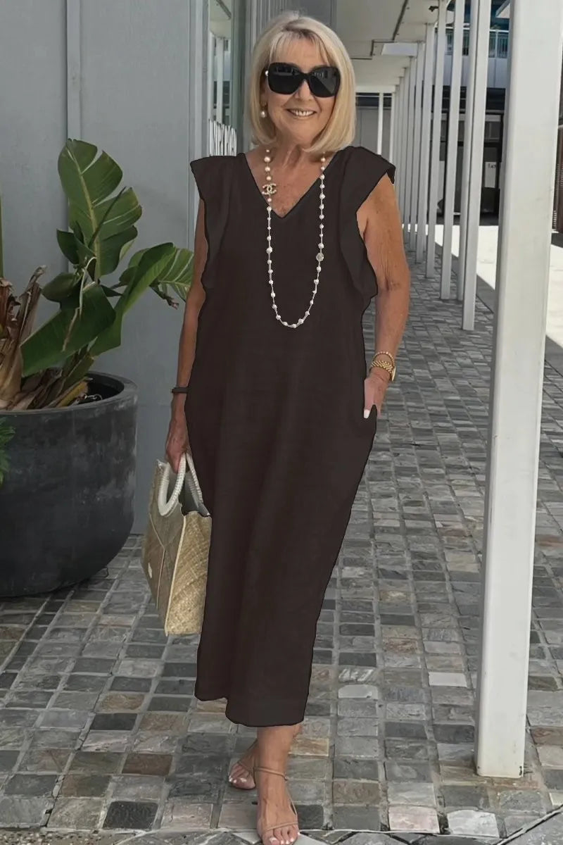 Back Tie Flutter Sleeve Ankle Length Linen Dress for Women