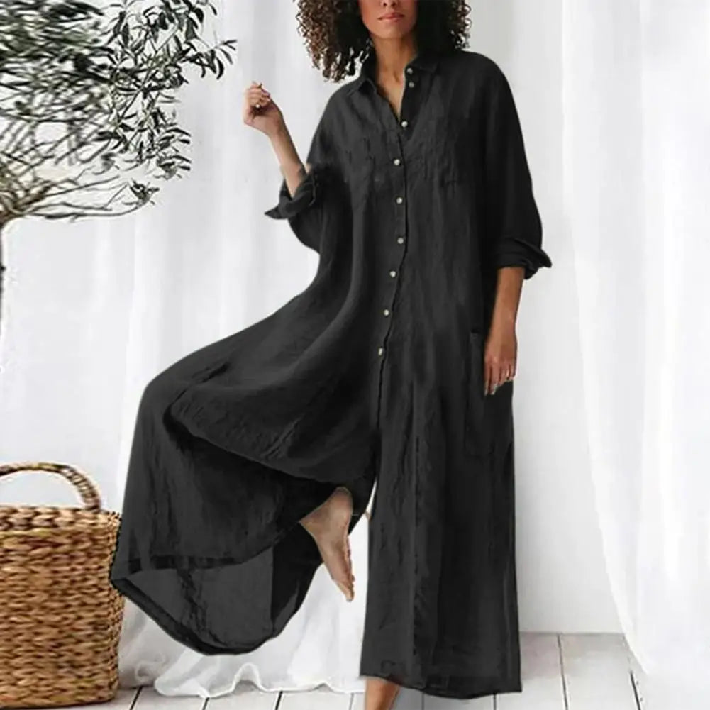 Oversized Cotton Linen Wide Leg Jumpsuit with Pockets for Women