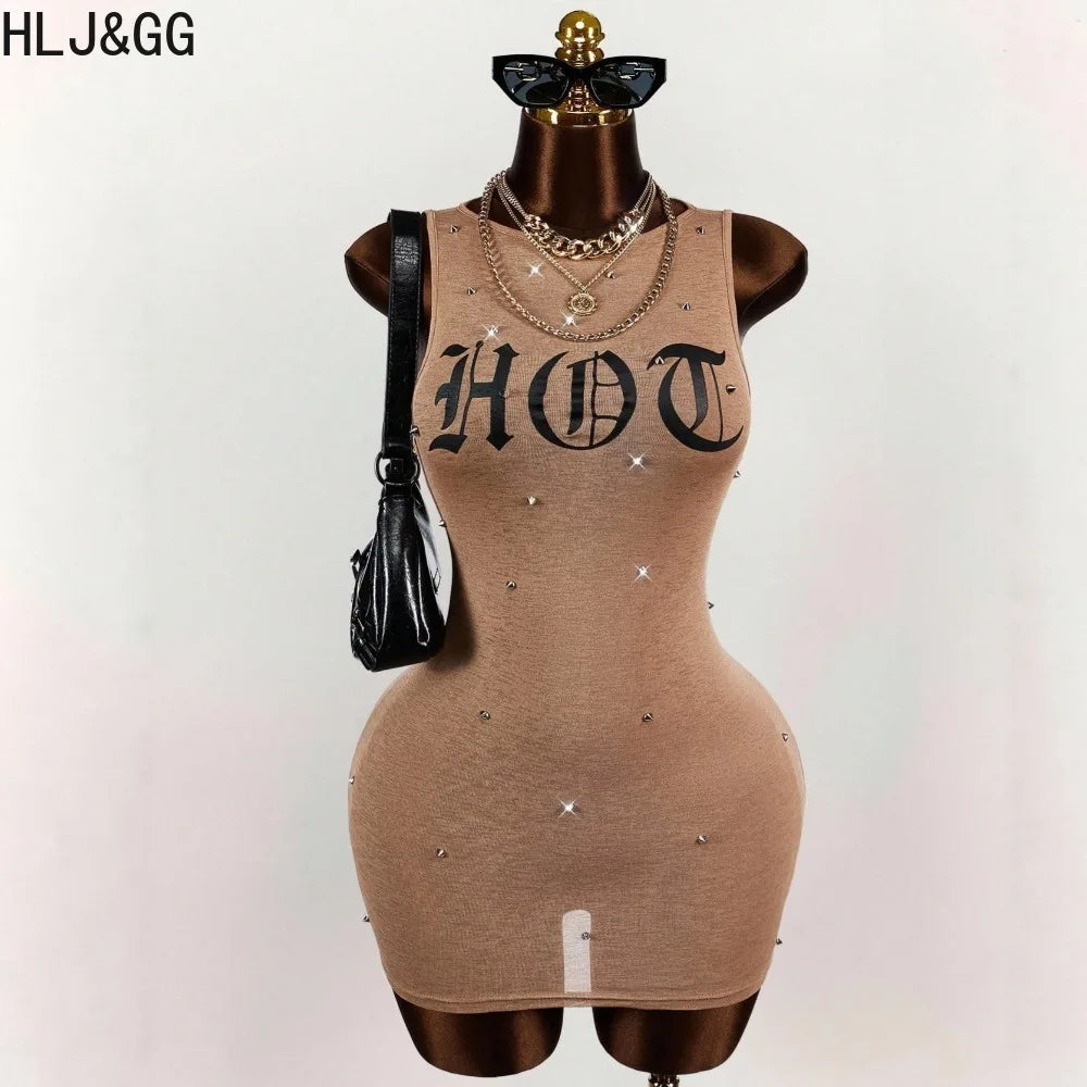 Letter Print Sleeveless Rivet Bodycon Mini Dress for Women