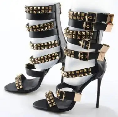 Vintage Gold Rivet Leather Strap Open Toe Sandals for Women