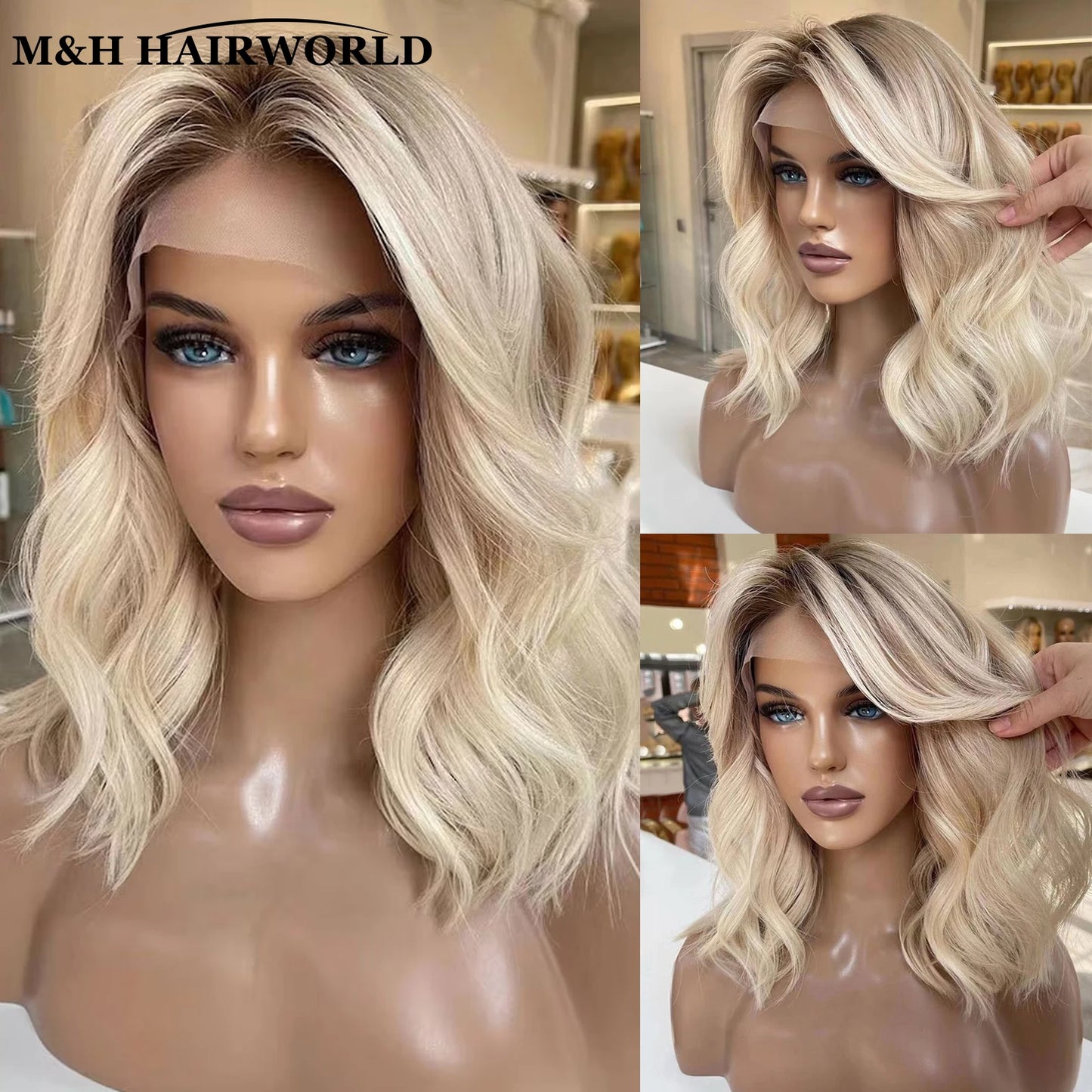 Ash Blonde Highlight Color Short Straight Bob Lace Front Wigs For Women Long Synthetic Hair Wig Dark Roots 13x3 Lace Frontal Wig