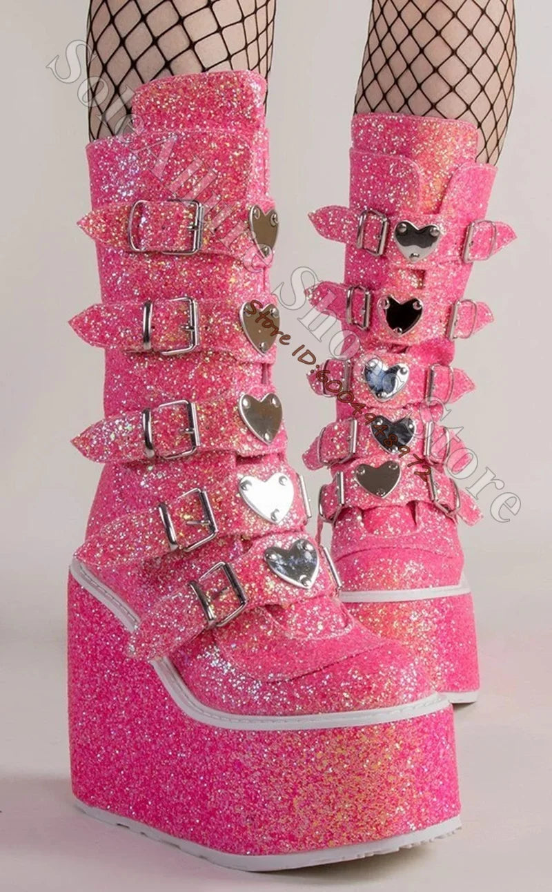 Glitter Heart Buckle Adjustable Mid Calf Wedge Boots For Women