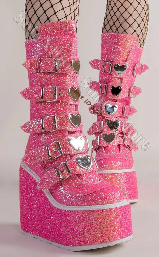 Heart Glitter Mid Calf Wedge Boots