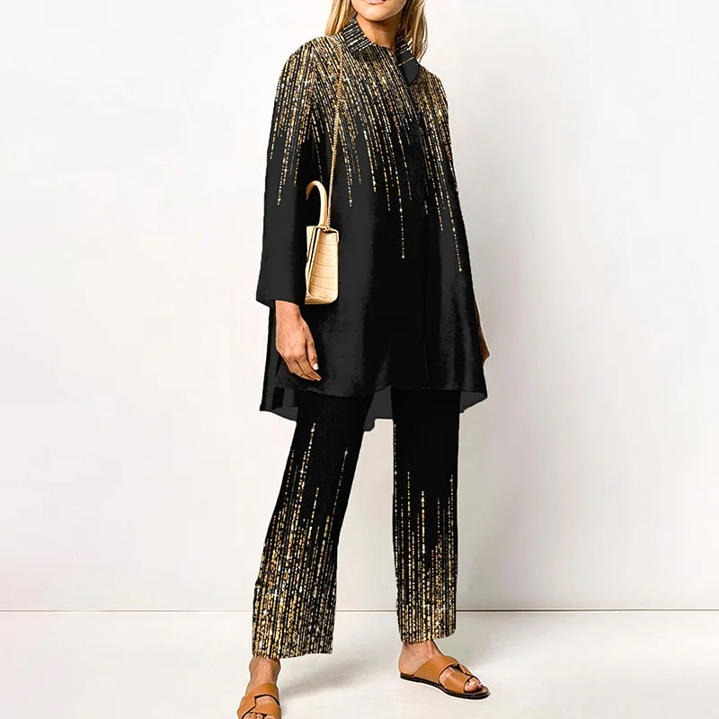 2022 Sets Womens Outfits Elegant Loungewear Print Spring Autumn 2PCS Ladies Suit Long Sleeve Wide Leg Pants Loose Fit Streetwear